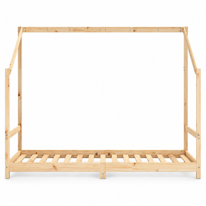 Lit cabane 90x190 en pin massif – Frêne, toit asymétrique ouvert