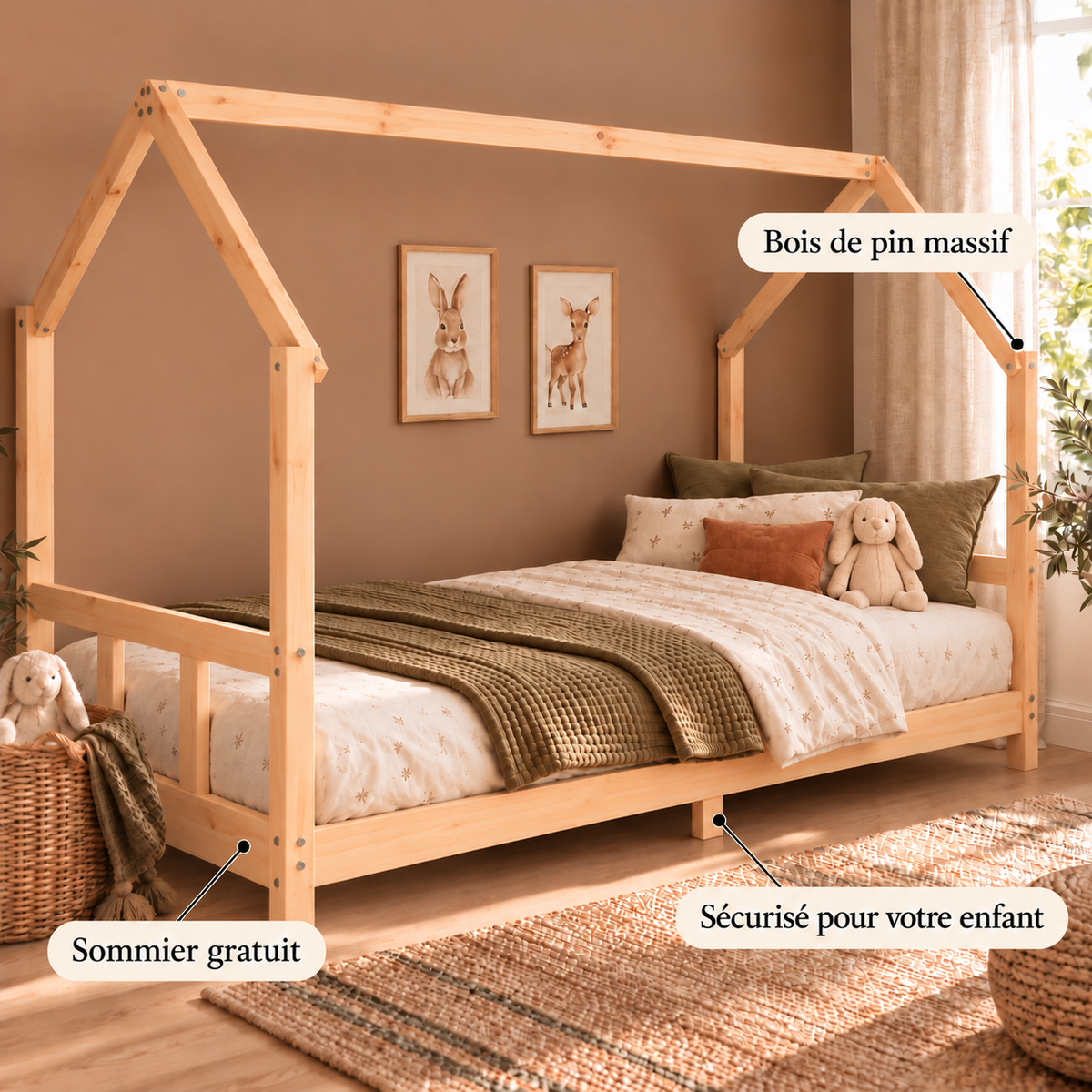 Lit cabane 90x190 en pin massif – Charme, toit pentagonal