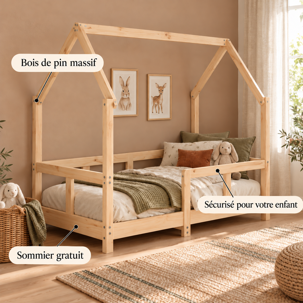 Lit cabane 70x140 en pin massif – Charme, toit pentagonal