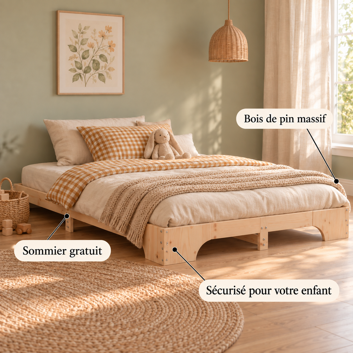 Lit enfant 140x190 en pin massif – Orme, plateforme basse épurée