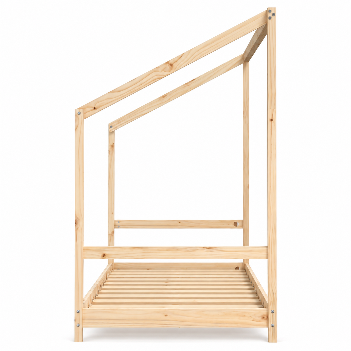 Lit cabane 90x190 en pin massif – Frêne, toit asymétrique ouvert