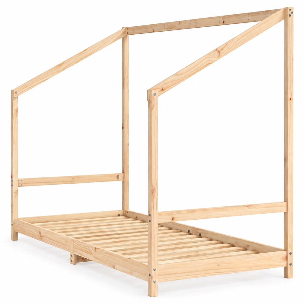 Lit cabane 90x190 en pin massif – Frêne, toit asymétrique ouvert