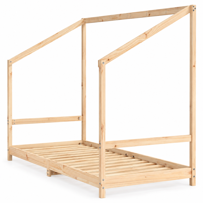Lit cabane 90x190 en pin massif – Frêne, toit asymétrique ouvert