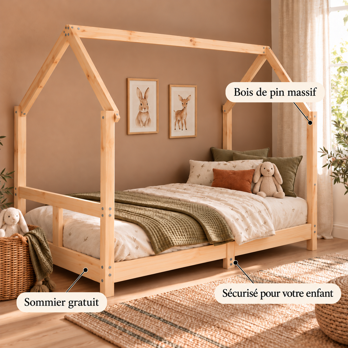 Lit cabane 80x160 en pin massif – Charme, toit pentagonal