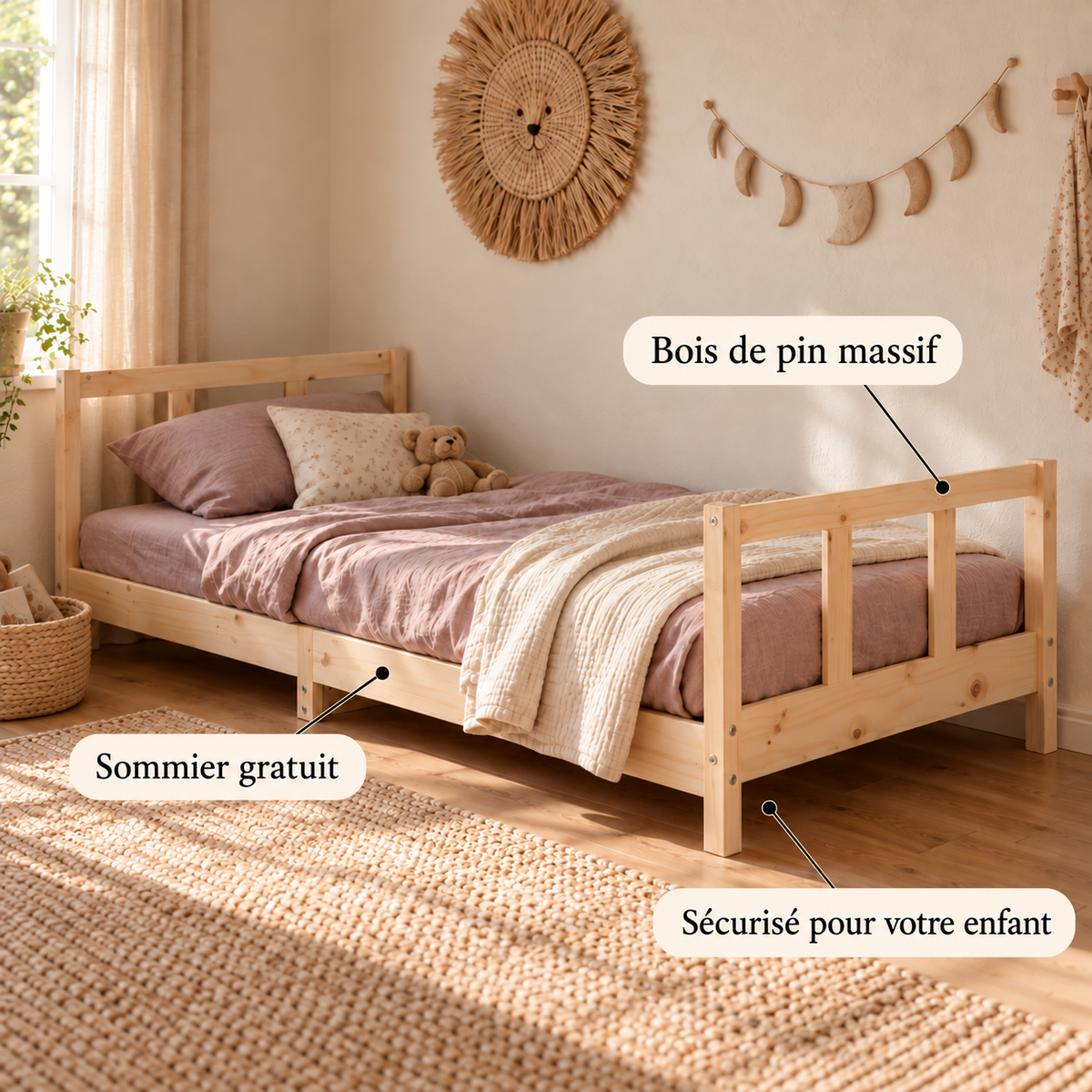 Lit enfant 90x190 en pin massif – Tilleul, bas à tête et pied de lit