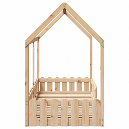 Lit cabane 90x190 en pin massif – Aulne, barrières festonnées