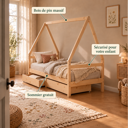 Lit cabane 80x160 en pin massif – Saule, maison avec 2 tiroirs