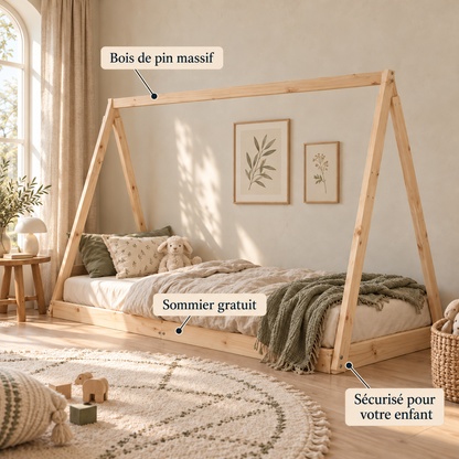 Lit cabane 90x190 en pin massif – Cèdre, tipi au sol