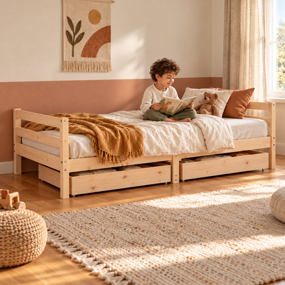 Lit enfant 90x190 en pin massif – Érable, bas avec 2 tiroirs