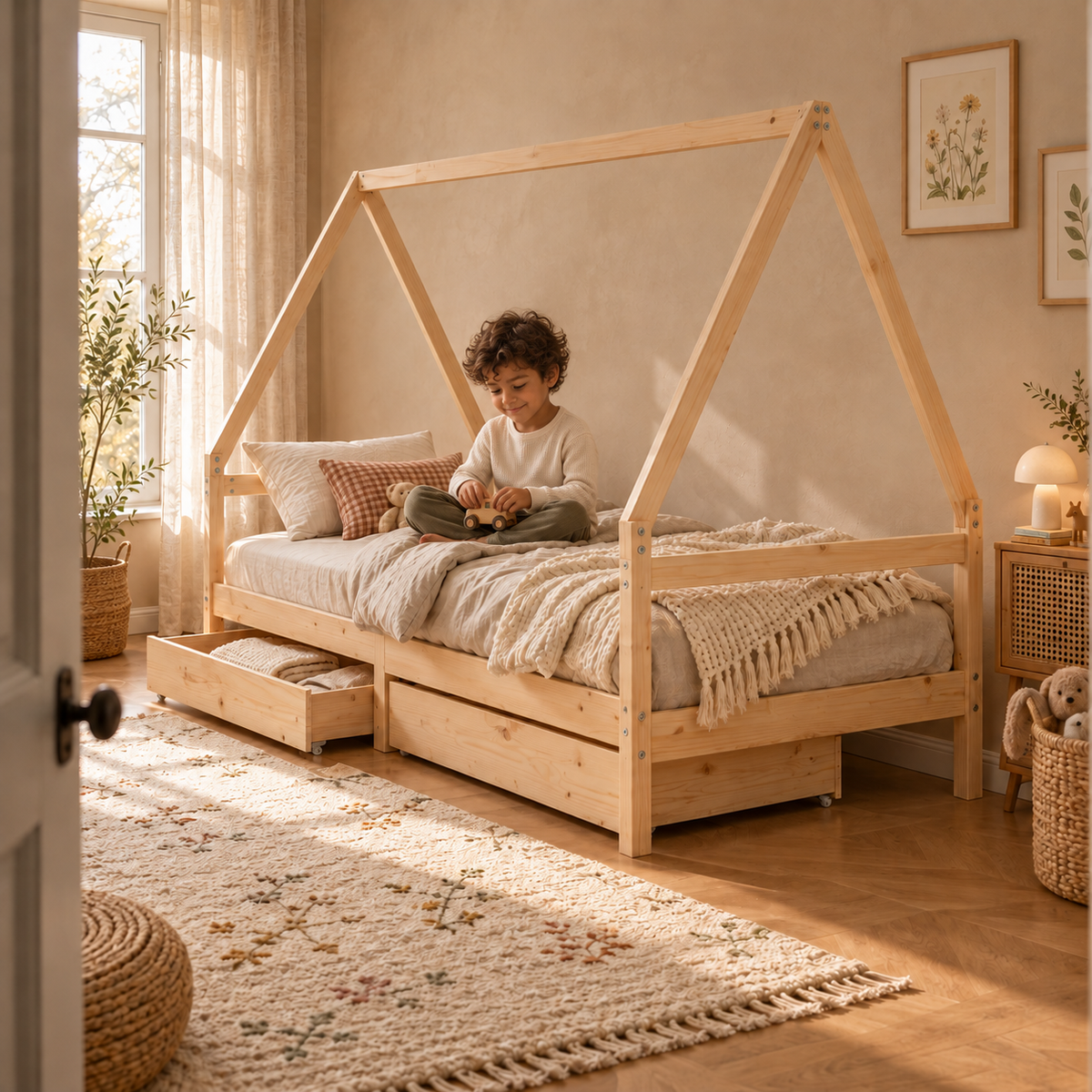 Lit cabane 90x190 en pin massif – Saule, maison avec 2 tiroirs