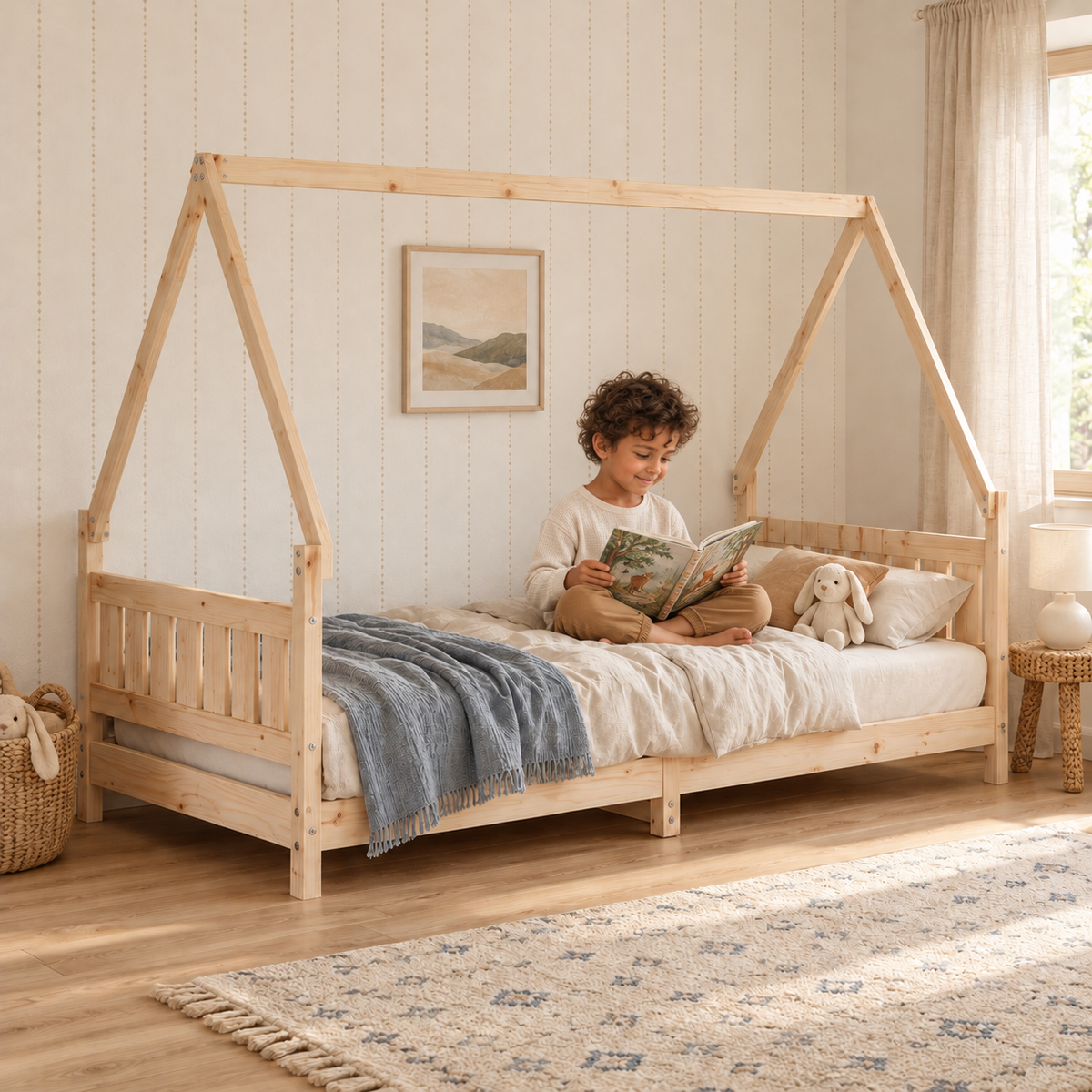 Lit cabane 90x190 en pin massif – Mélèze, maison à tête de lit à barreaux