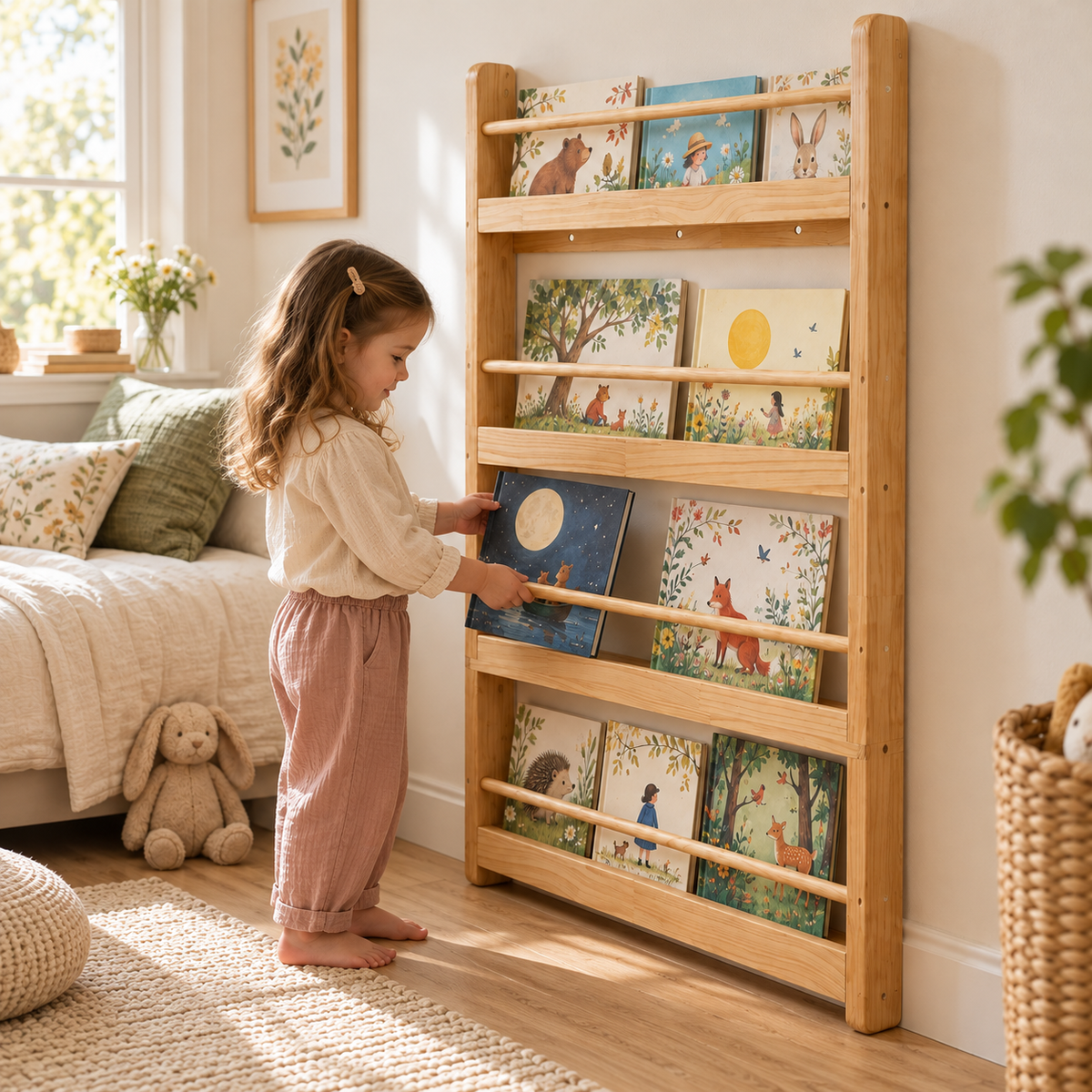 Bibliothèque Enfant Murale en Bois Naturel 4 Niveaux - Rangement Montessori