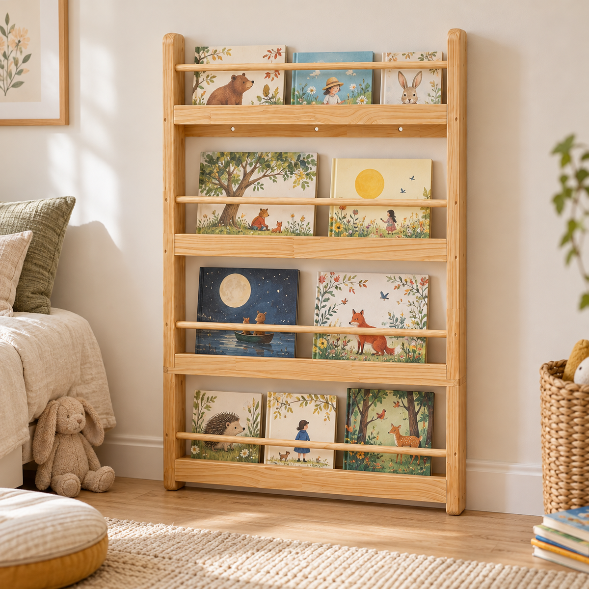 Bibliothèque Enfant Murale en Bois Naturel 4 Niveaux - Rangement Montessori