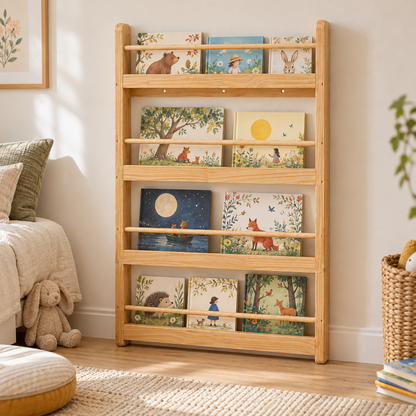 Bibliothèque Enfant Murale en Bois Naturel 4 Niveaux - Rangement Montessori