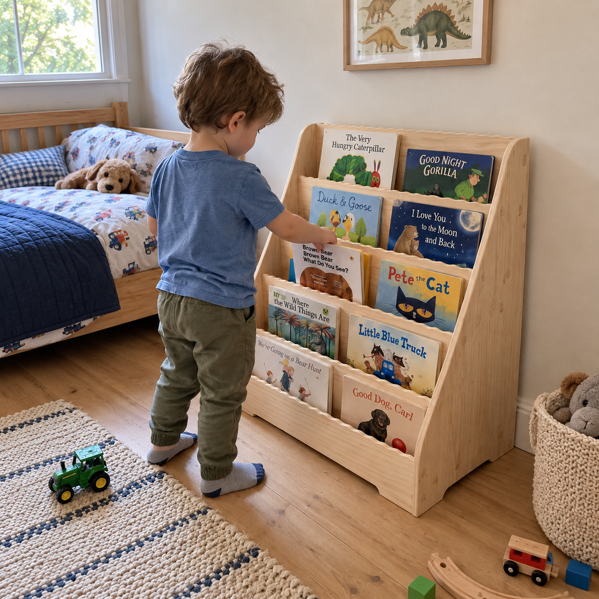 Un enfant choisit un livre dans sa chambre