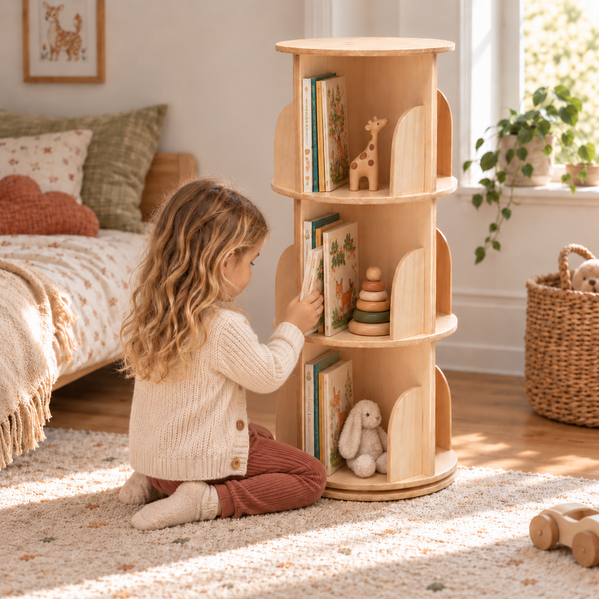 Une enfant au pied d’une bibliothèque tournante