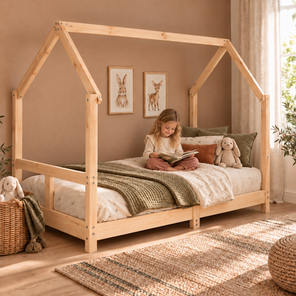 Lit cabane 80x160 en pin massif – Charme, toit pentagonal