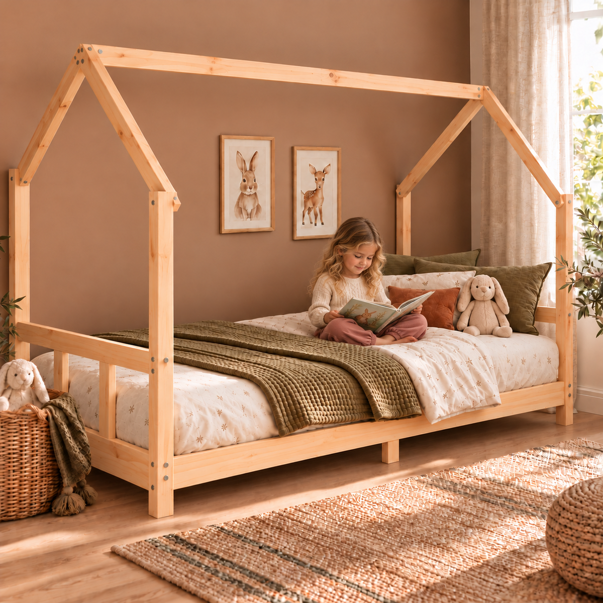 Lit cabane 90x190 en pin massif – Charme, toit pentagonal