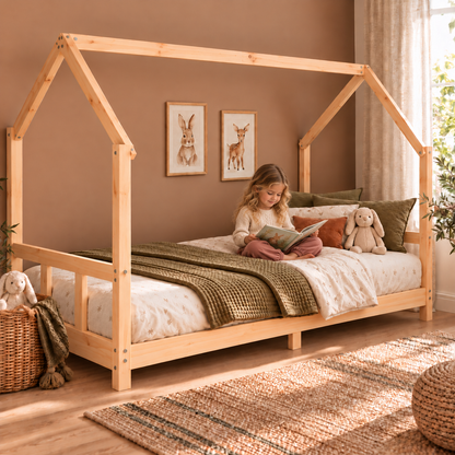 Lit cabane 90x190 en pin massif – Charme, toit pentagonal