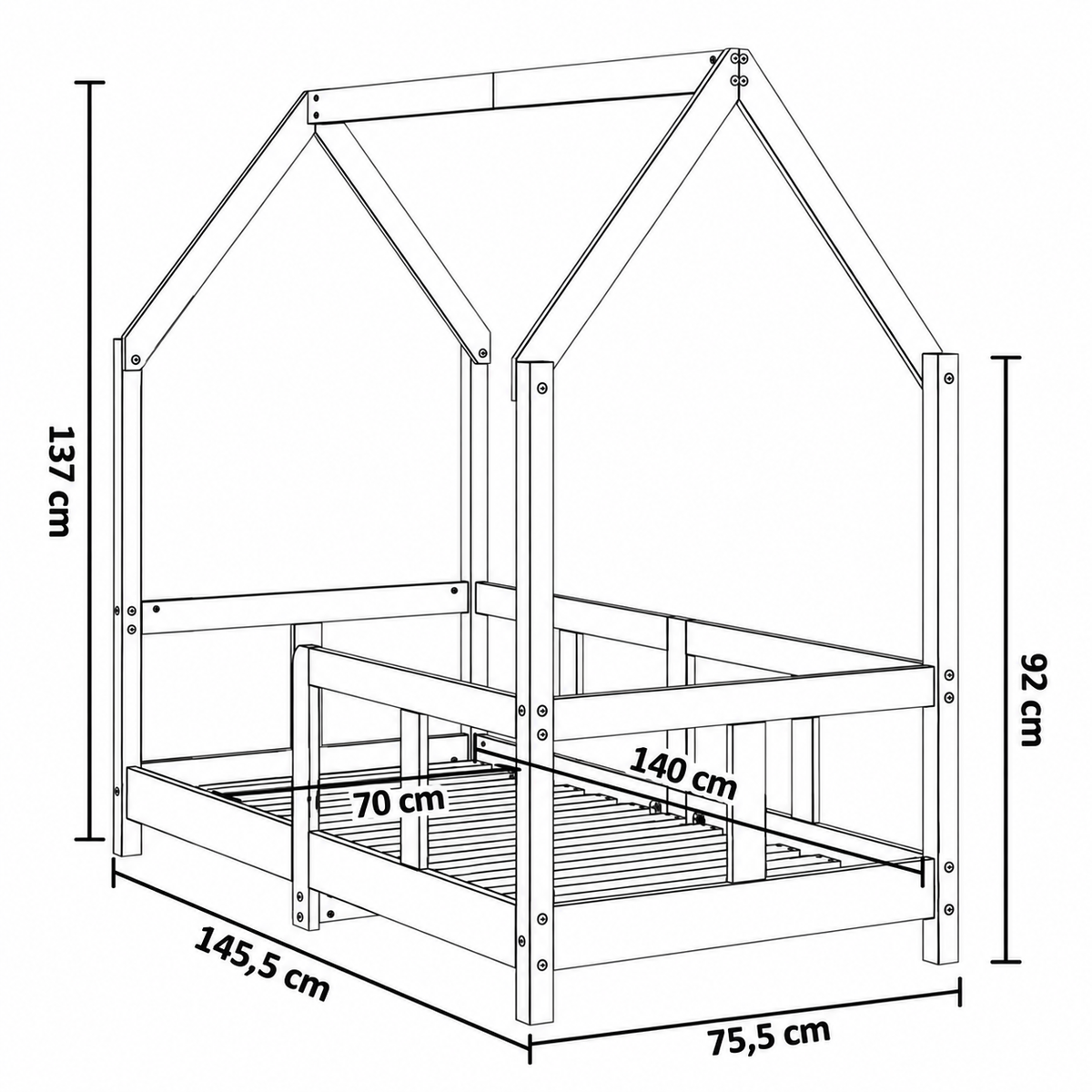 Lit cabane 70x140 en pin massif – Charme, toit pentagonal