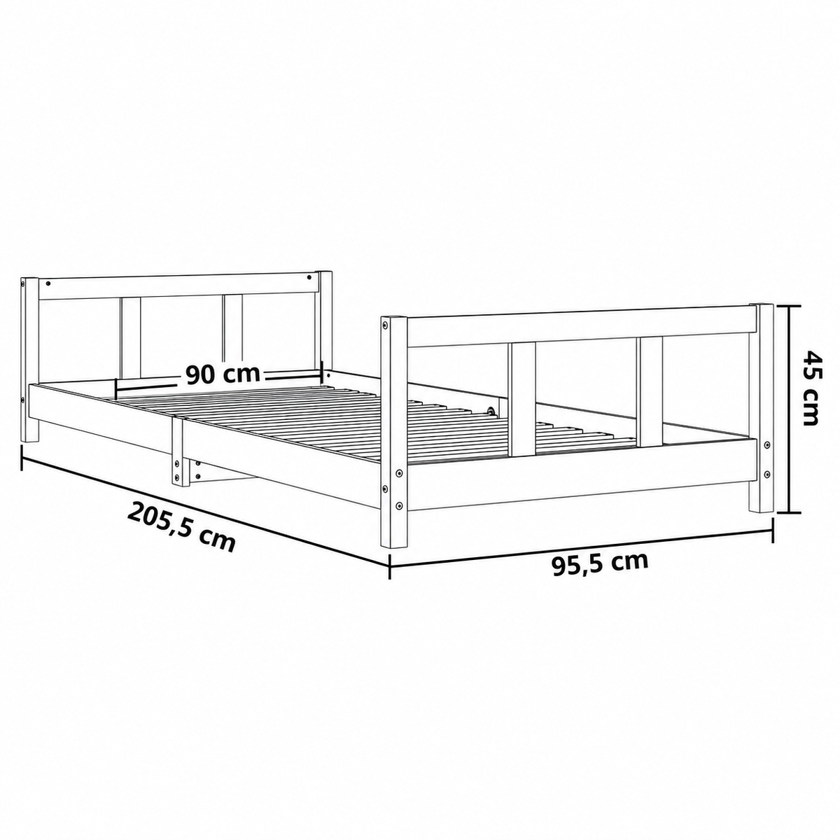Lit enfant 90x190 en pin massif – Tilleul, bas à tête et pied de lit