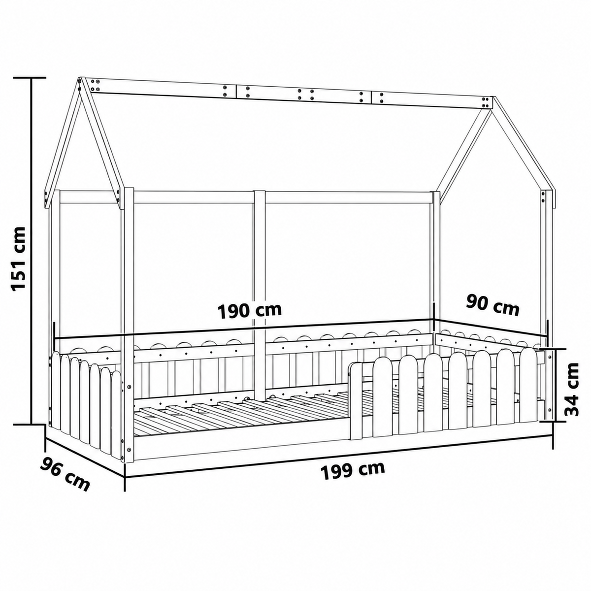 Lit cabane 90x190 en pin massif – Aulne, barrières festonnées