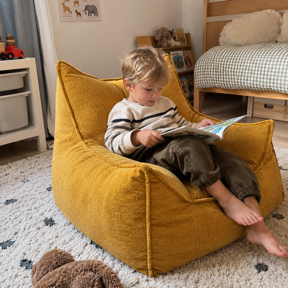 Une enfant lit confortablement dans un pouf