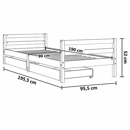 Lit enfant 90x190 en pin massif – Érable, bas avec 2 tiroirs