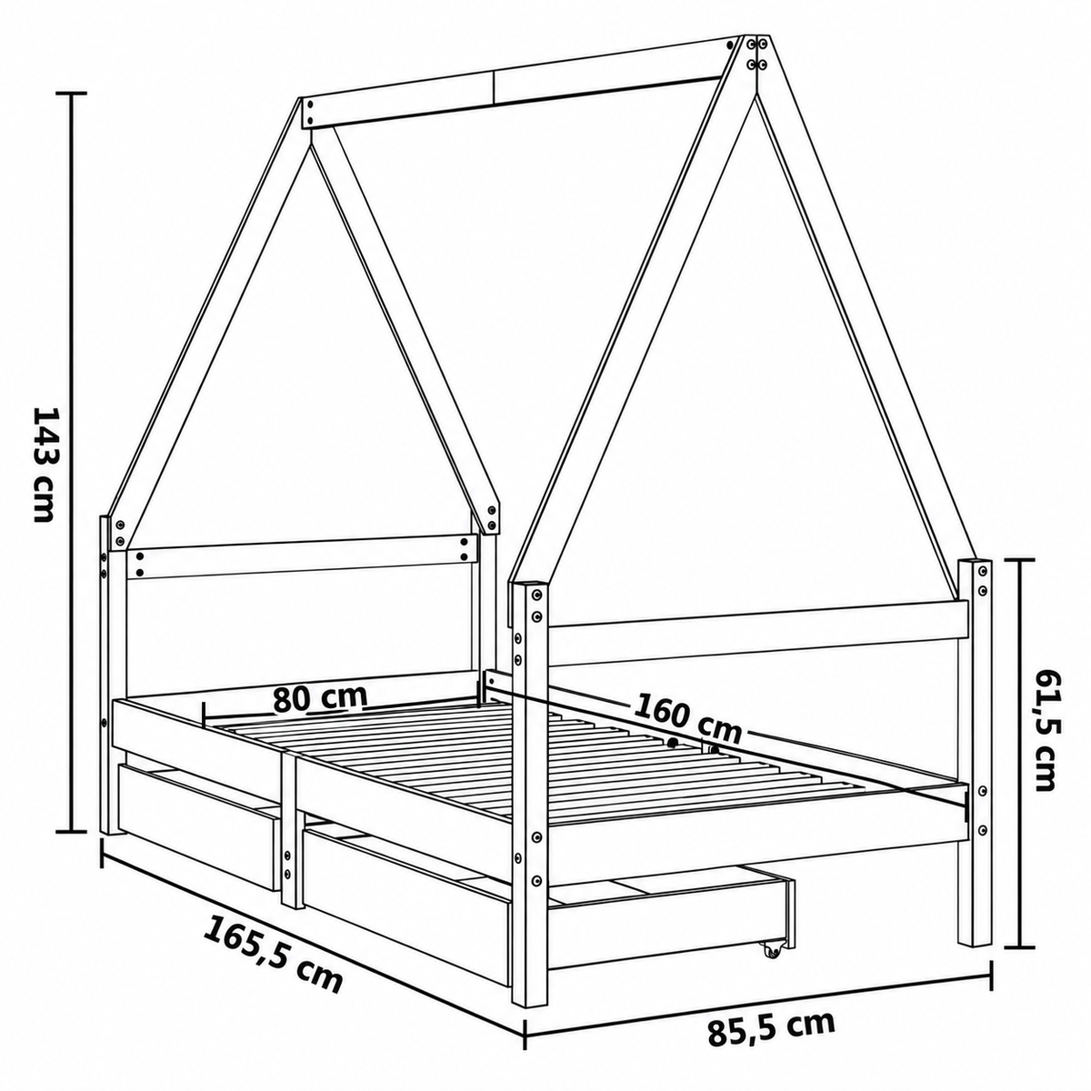 Lit cabane 80x160 en pin massif – Saule, maison avec 2 tiroirs