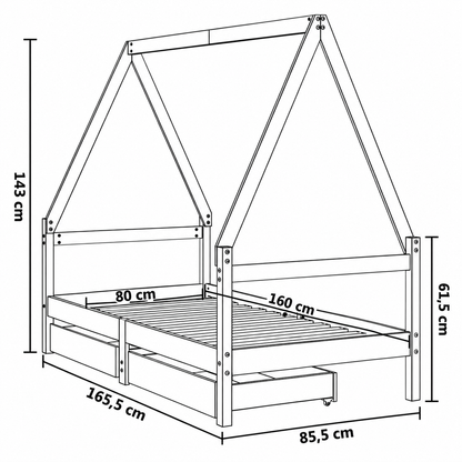 Lit cabane 80x160 en pin massif – Saule, maison avec 2 tiroirs