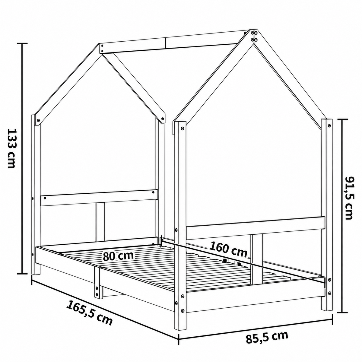 Lit cabane 80x160 en pin massif – Charme, toit pentagonal