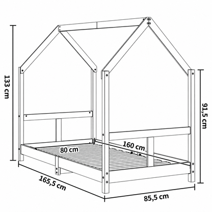 Lit cabane 80x160 en pin massif – Charme, toit pentagonal