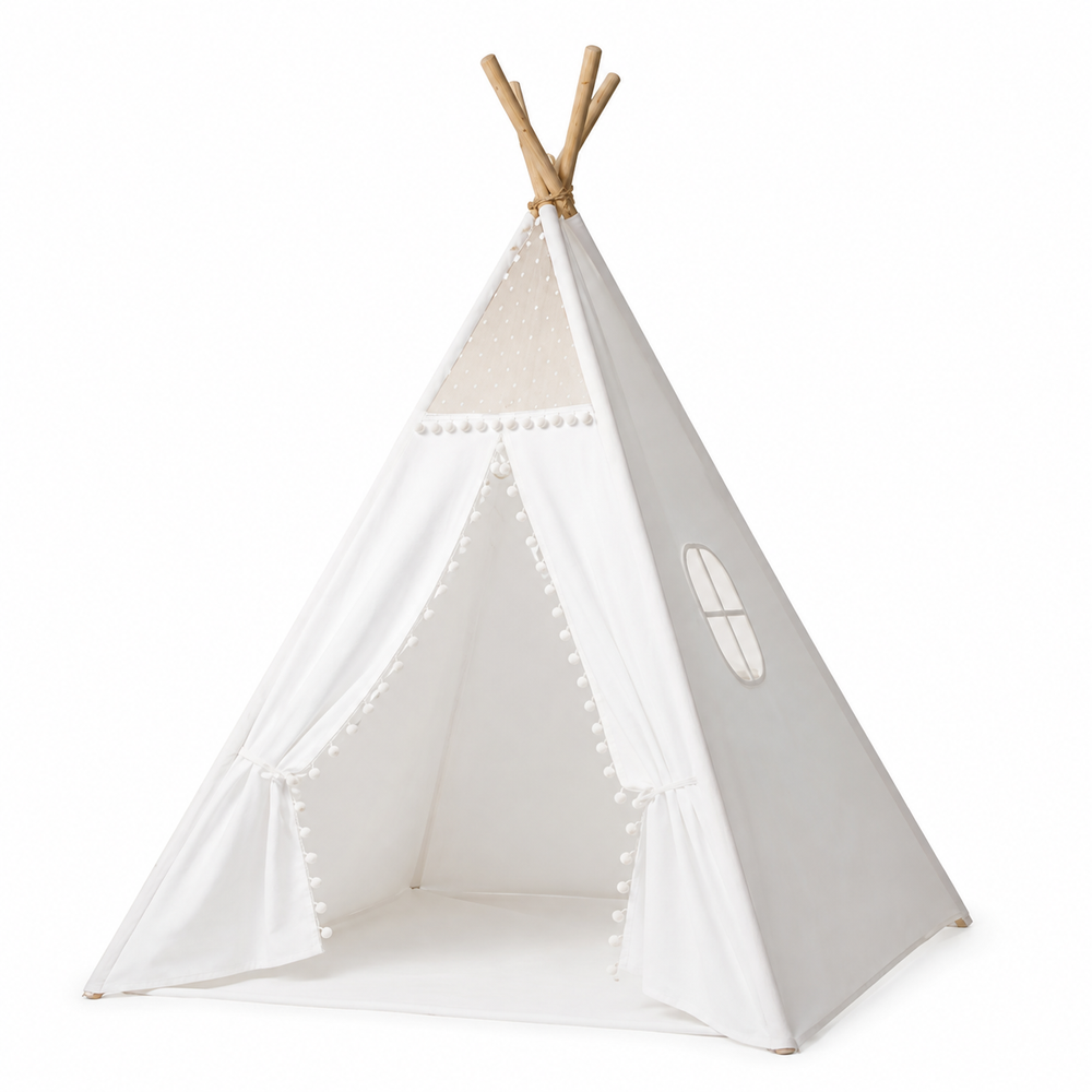Tipi enfant blanc en coton et bois, vue de face sur fond blanc