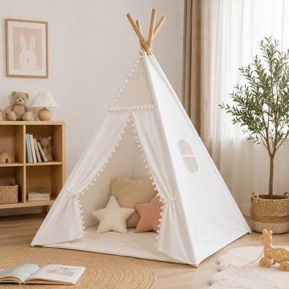 Tipi Enfant Blanc - Tente de Lecture en Coton et Bois