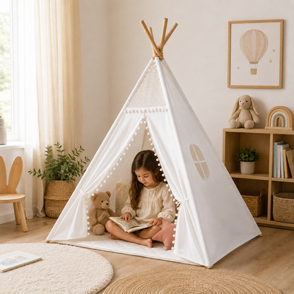 Tipi Enfant Blanc - Tente de Lecture en Coton et Bois