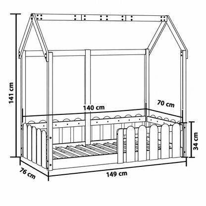 Lit cabane 70x140 en pin massif – Aulne, barrières festonnées