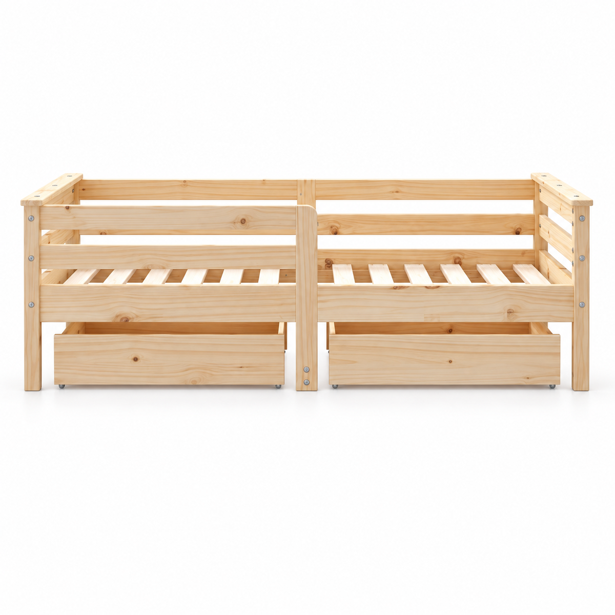 Lit enfant 70x140 en pin massif – Érable, bas avec 2 tiroirs