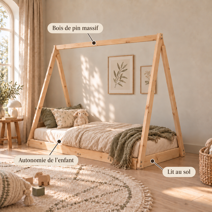 Lit cabane 80x160 en pin massif – Cèdre, tipi au sol