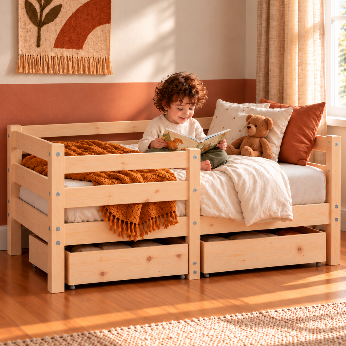 Lit enfant 70x140 en pin massif – Érable, bas avec 2 tiroirs