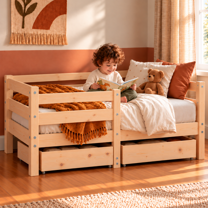 Lit enfant 70x140 en pin massif – Érable, bas avec 2 tiroirs