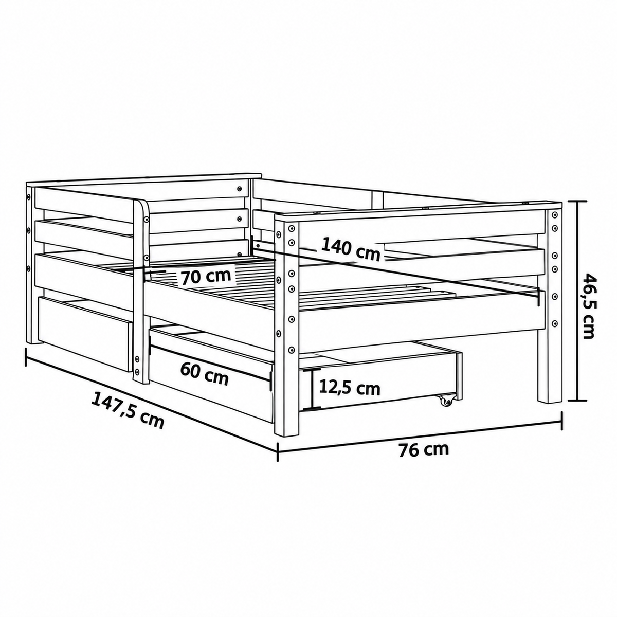 Lit enfant 70x140 en pin massif – Érable, bas avec 2 tiroirs