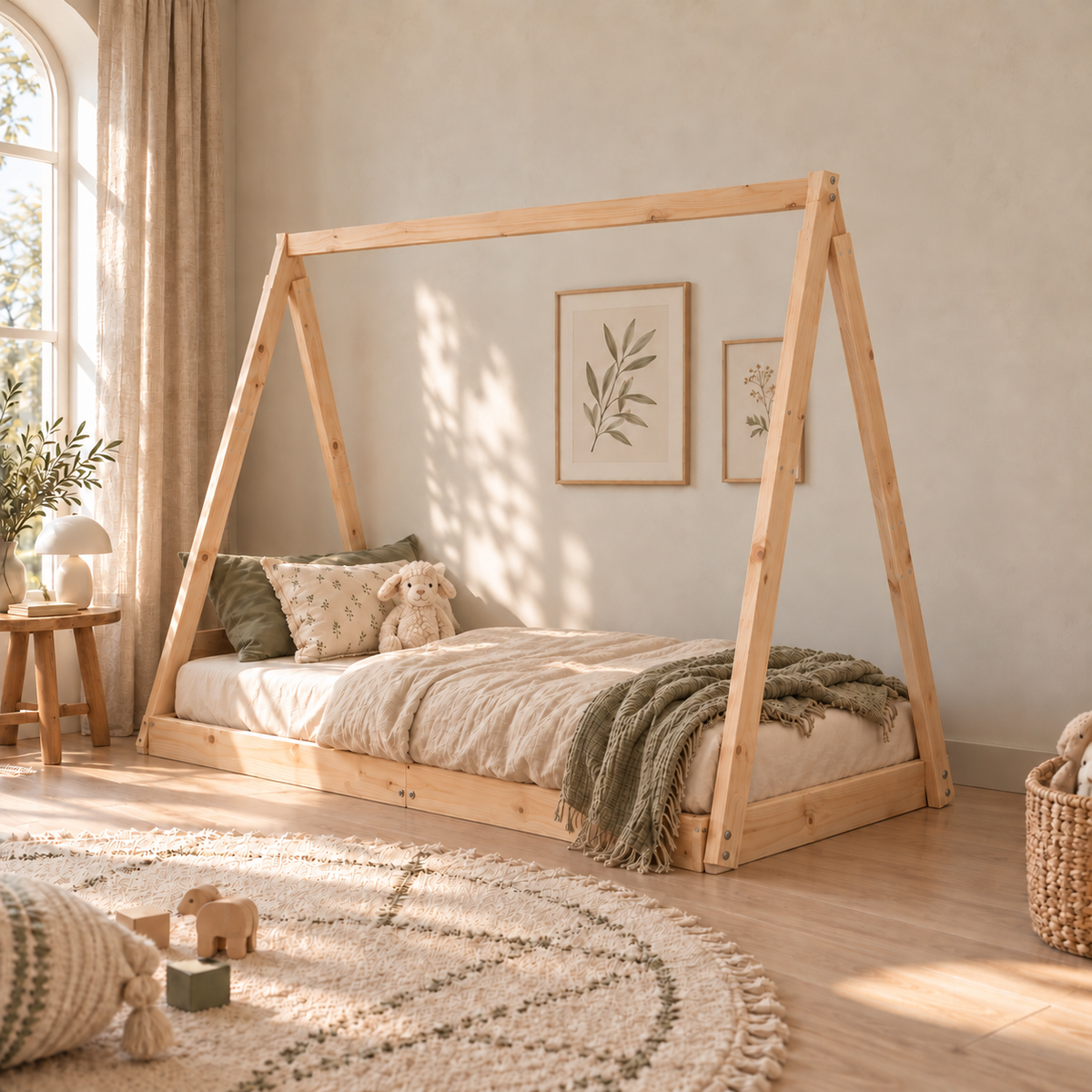 Lit cabane 80x160 en pin massif – Cèdre, tipi au sol