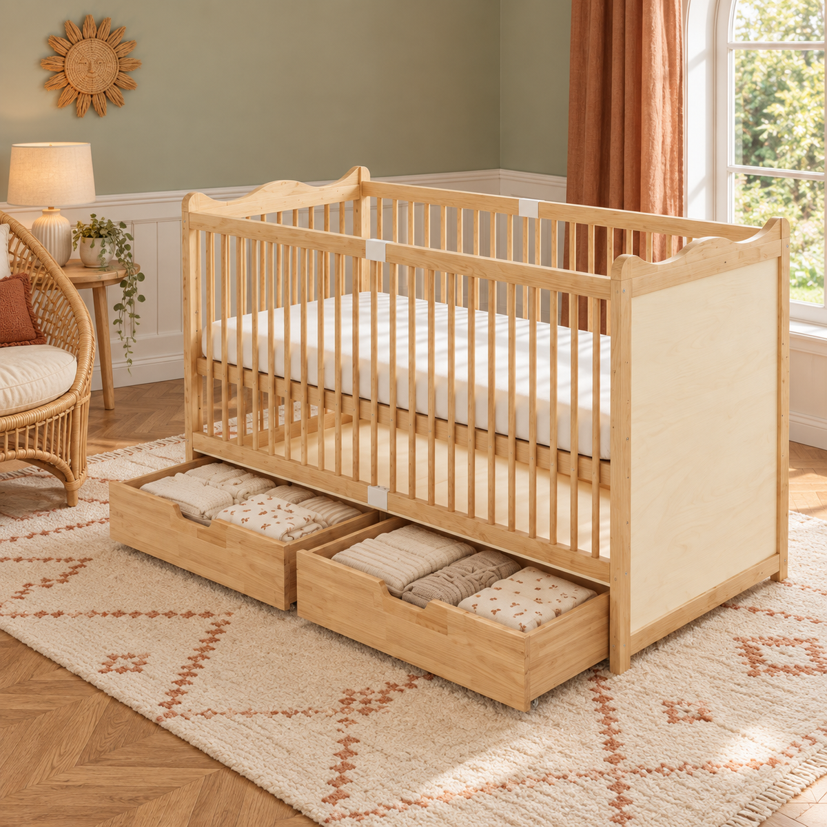 Lit bébé en bois à tiroirs - réglable