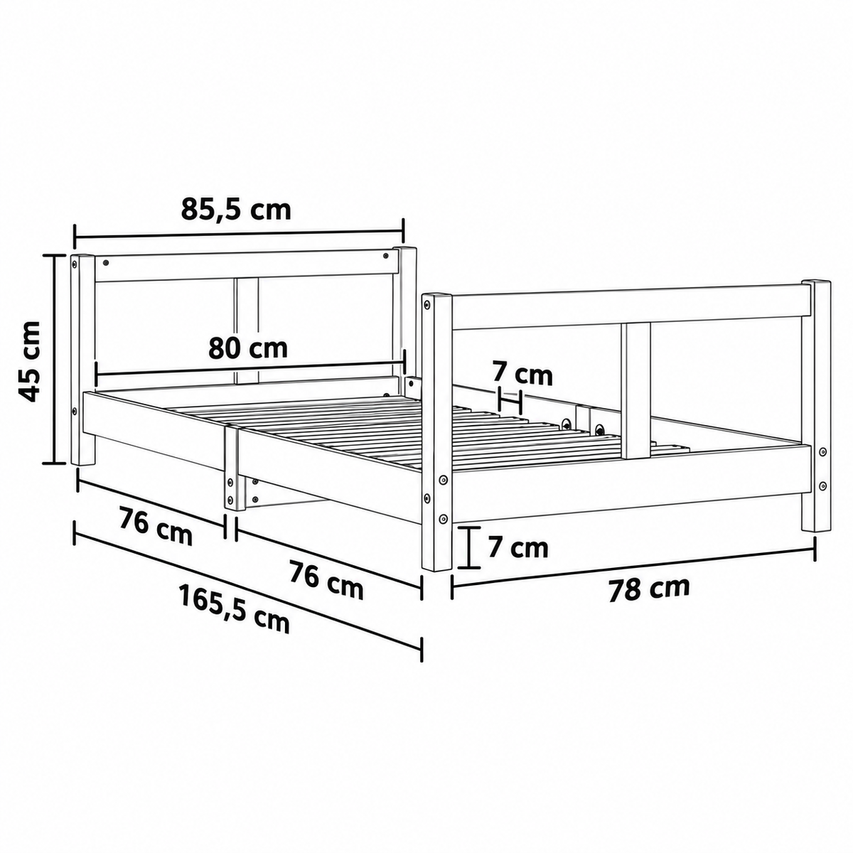 Lit enfant 80x160 en pin massif – Tilleul, bas à tête et pied de lit