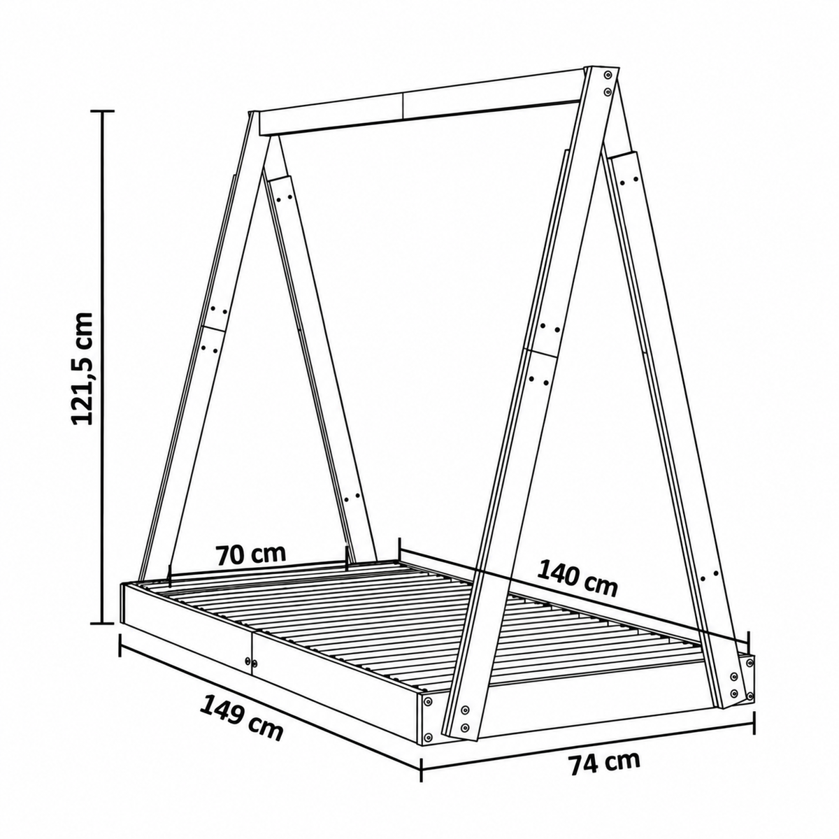 Lit cabane 70x140 en pin massif – Cèdre, tipi au sol