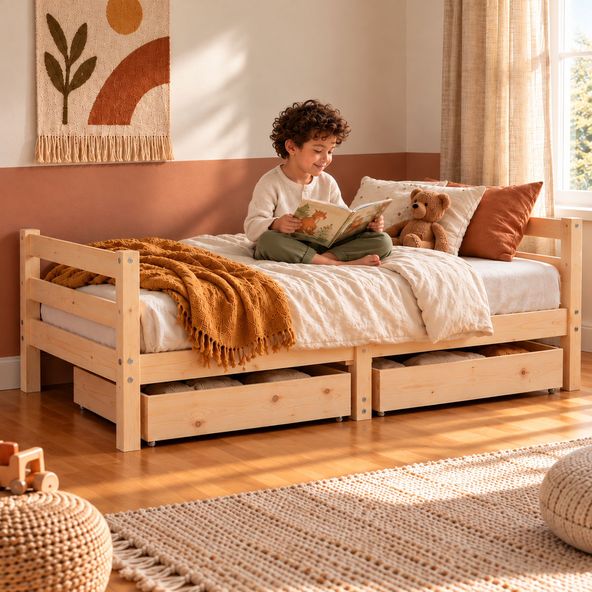 Lit enfant 80x160 en pin massif – Érable, bas avec 2 tiroirs