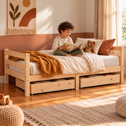 Lit enfant 80x160 en pin massif – Érable, bas avec 2 tiroirs