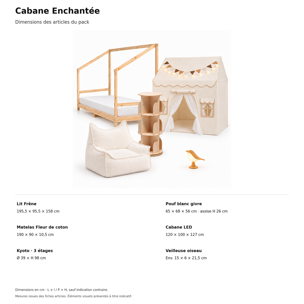 Cabane Enchantée — dimensions vérifiées de tous les articles