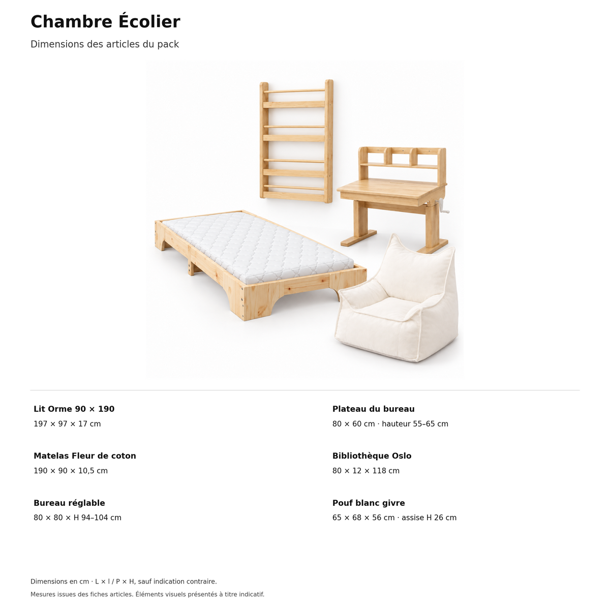 Dimensions vérifiées de tous les articles — chambre-ecolier