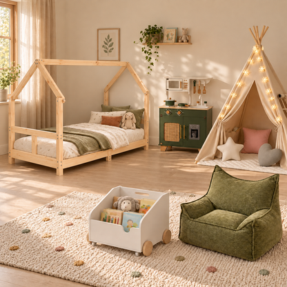 Jeu & Imaginaire — chambre avec lit Charme 80 × 160 cm, grand côté ouvert et toit conforme aux références